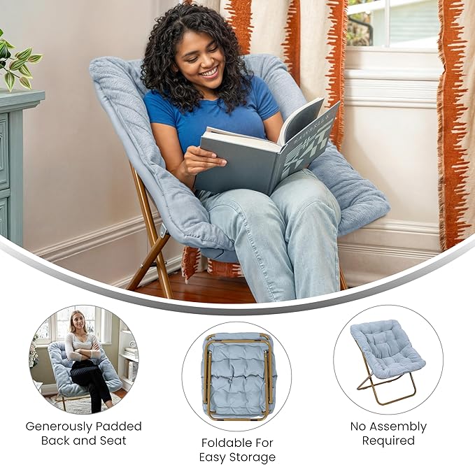 Flash Furniture Archer Saucer Chair with Folding Steel Frame Portable Oversized Saucer Chair for Dorm or Bedroom 28 Dusty Aqua Faux Fur/Soft Gold Frame