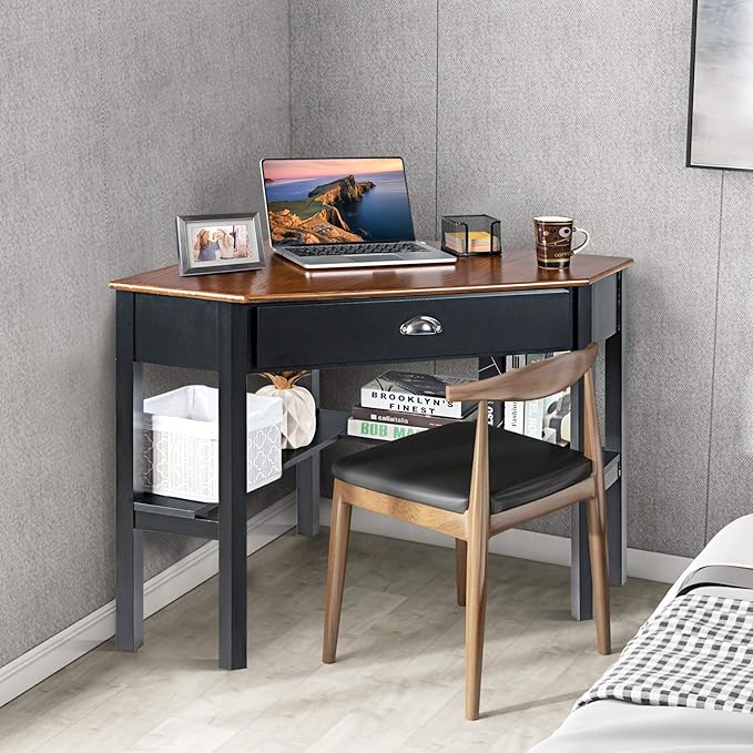 GOFLAME Computer Corner Desk Wood Compact Home Office Writing Workstation with Drawer and Shelves Laptop PC Corner Table for Small Space Home Office Coffee