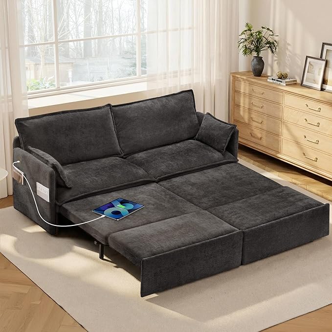 SUNWAVE 74 King Pull Out Sofa Bed - Convertible Sleeper Sofa Bed Space Saving Corduroy Loveseat Chaise Lounge with USB Charging Side Pockets for Living Room Bedroom Small Spaces(Ink 74)