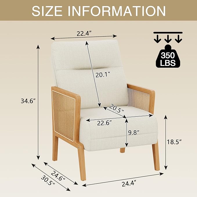Yongchuang Accent Chair with Natural Rattan Armrest Upholstered Living Room Chairs Modern Linen Leisure Chair Armchair for Club Reading Bedroom Ivory