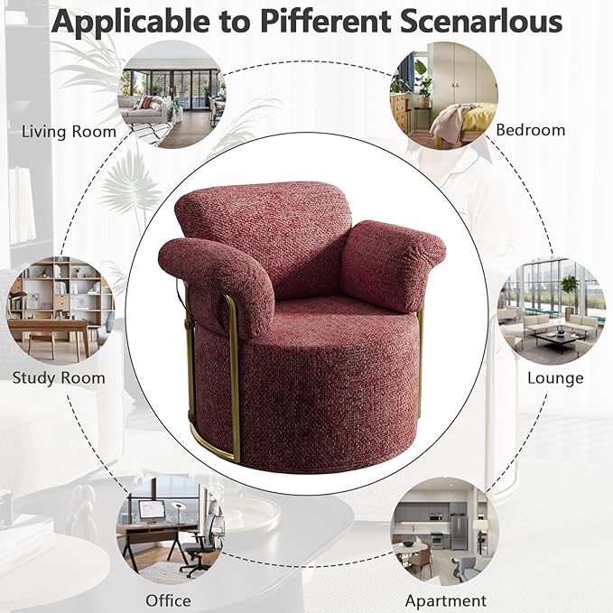 Swivel Accent Chairs for Living Room 360 Swivel Barrel Chair with Arm for Bedroom Upholstered Round Chair &amp Corner Chairs with Gold Frame for Small Spaces Chenille (Red)