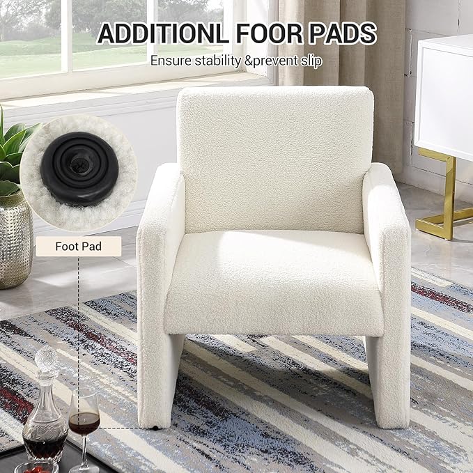FUNKEEN Boucle Accent Chair Set of 2 – White Sherpa Armchairs with Plush Cushioned Seat Cozy Chairs for Living Room Bedroom Reading Nook