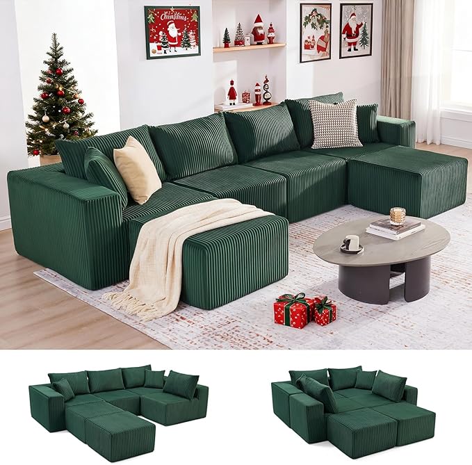 135.4 Cloud Couch Sectional Modular Sofa with Deep Seat Plush Corduroy U Shaped Boneless Couch Convertible Sectional Couches for Living Room 6Seat Green