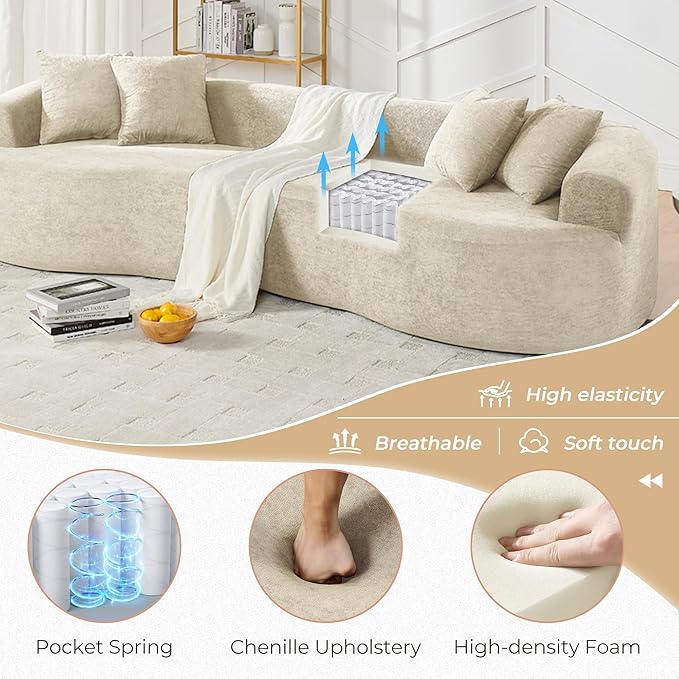 112'' Oversized Curved Modular Sectional Sofa Upholstered Chenille Boneless Couch Comfy Cloud Compression Sofa with Extra Deep &amp Wide Seat for Living Room Apartment Office Beige