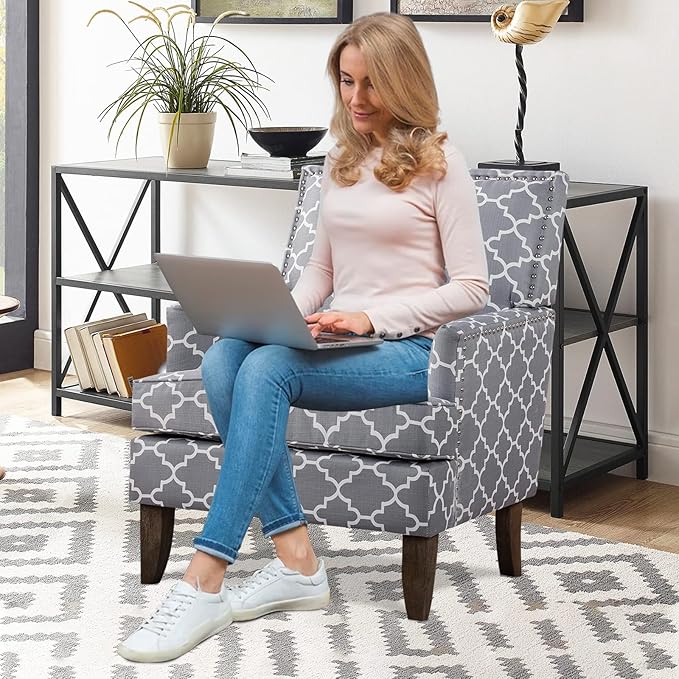 Modern Floral Accent Chair - Upholstered Wingback Club Chair for Living Room Bedroom &amp Reception | Multi-Purpose Fabric Furniture with Sturdy Frame | Comfortable Home Decor Seating (Grey)