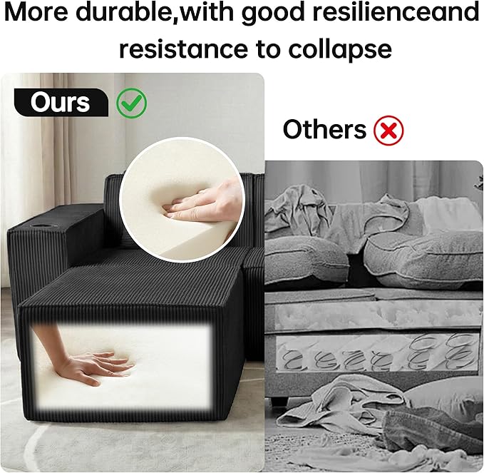 Cloud Modular Sectional CouchBoneless Corduroy Sofa for Living RoomU Shaped Sofa with OttomanDeep SeatNo Assembly Required (Black U Shaped 3 Seater + 2 Ottoman)