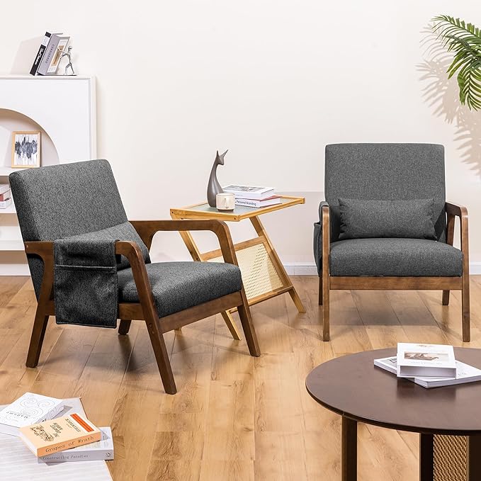 Accent Chairs Set of 2 Mid-Century Modern Chair with Side Pocket Lounge Armchair with Lumbar Pillow &amp Solid Wood Frame for Living Room Balcony Bedroom