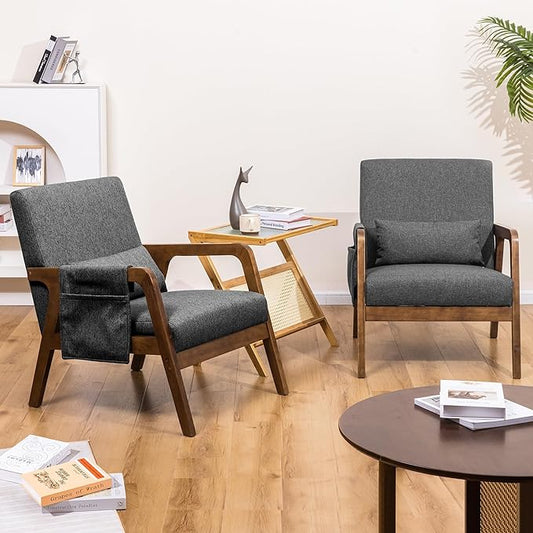 Accent Chairs Set of 2 Mid-Century Modern Chair with Side Pocket Lounge Armchair with Lumbar Pillow &amp Solid Wood Frame for Living Room Balcony Bedroom