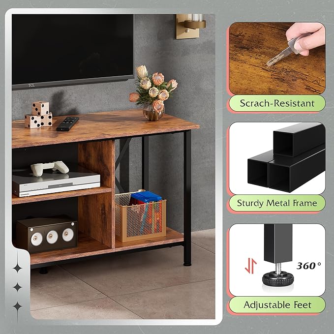 WLIVE Industrial TV Stand for up to 45 inch TV Heavy-Duty Metal Frame Entertainment Center Compact Media Console with Adjustable Shelf &amp Cable Management for Small Spaces Living Room Rustic Br