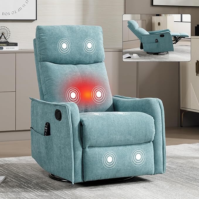Rocking Recliner Chair with Heat and Massage 360° Swivel Glider Rocker with Reclining Backrest and Footrest Modern Nursery Rocking Chairs for Adults for Bedroom Living Room Office (Blue-Green)