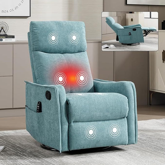 Rocking Recliner Chair with Heat and Massage 360° Swivel Glider Rocker with Reclining Backrest and Footrest Modern Nursery Rocking Chairs for Adults for Bedroom Living Room Office (Blue-Green)