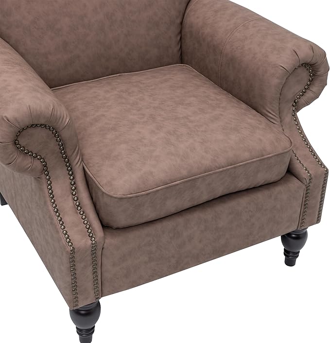Accent Chair22.4 Seat Depth Armchair with Roll Arms36.6W*34.3D*34.6H Living Room ChairWood LegsSet of 1Faux Leather in Taupe