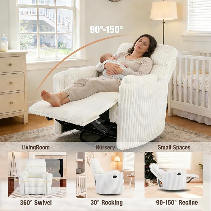 Swivel Rocking Chair Nursery for Adults Swivel Rocker Recliner Glider Barrel Armchair Single Sofa with 2 Pillows for Living Room Bedroom Nursery Beige