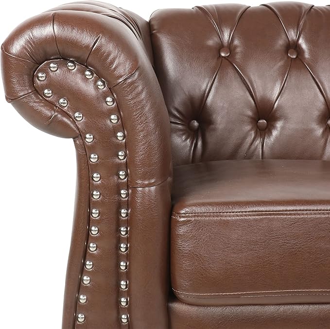 RARZOE 2 Pieces of Living Room Furniture Sofa SetsModern Contemporary Tufted Button Faux Leather Accent Club Chair&ampChesterfield Loveseat Sofas Set with Nailhead Trim Scroll Arms for HomeDark Bro