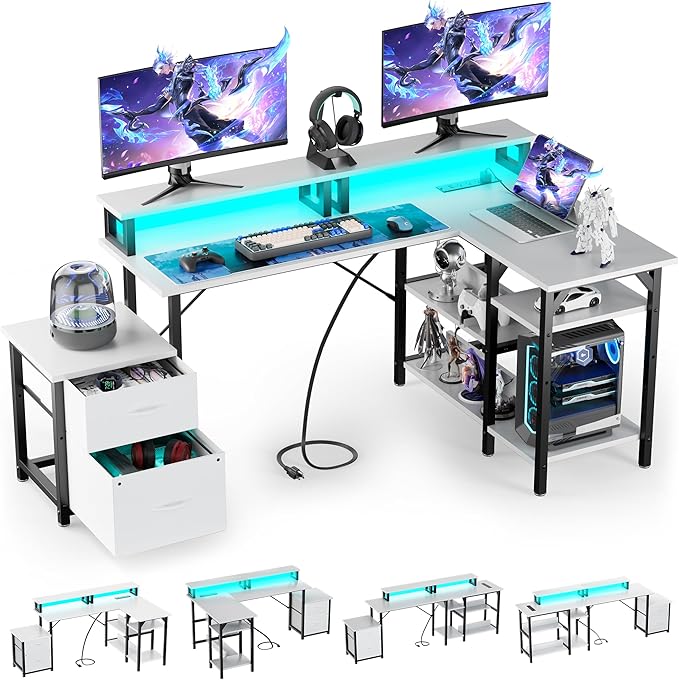 67'' L Shaped Computer Desk with Power Outlet Large Reversible Computer Gaming Desk Home Office Desks with File Drawers &amp Shelves White