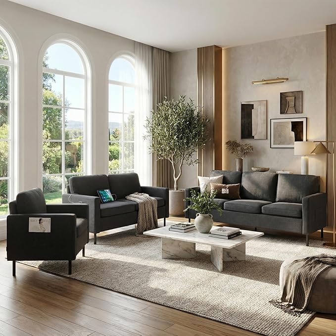 STHOUYN Modern 3-Piece Living Room Set 72 Grey 3 Seater Couch and 56 Loveseat with USB Ports Small Couch and Chair Set for Small Space Apartment Office (Grey 1 Chair + 1 Loveseat + 1 Couch)