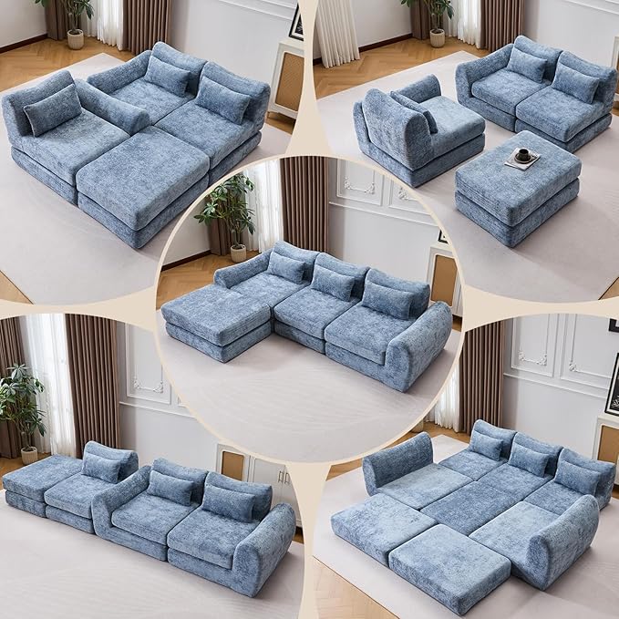 105” Modular Sectional Sofa Convertible Sofa BedTransforms into Single or Double Sofa Chenille Fabric Cloud SofaModern Soft Boneless Comfort No Assembly Required Blue