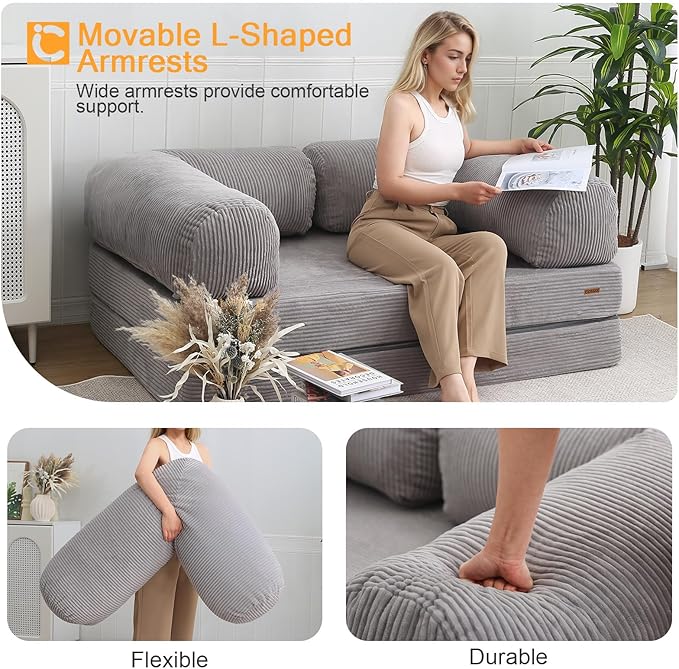 COMAX Futon Sofa Bed 4-in-1 Floor Foldable Sofa Couch Bed with L-Shaped Armrests Convertible Folding Chair Bed Sleeper Mattress Fold Out Lounge for Living Room Bedroom Light Grey