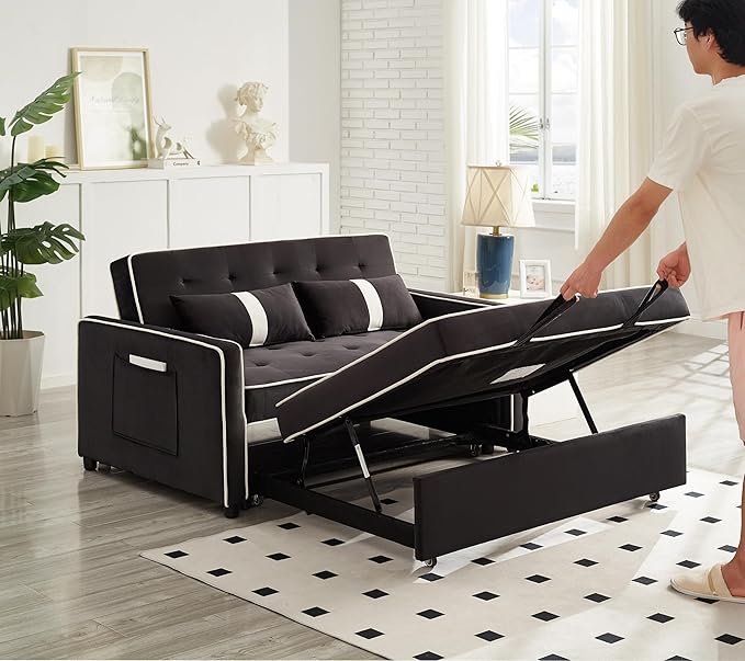 3 in 1 Convertible Sleeper Sofa Bed Small Couch for Living Room Bedroom with Pullout Bed Adjustable BackrestVelvetLoveseat Sofa BedFuton Couches (Black)