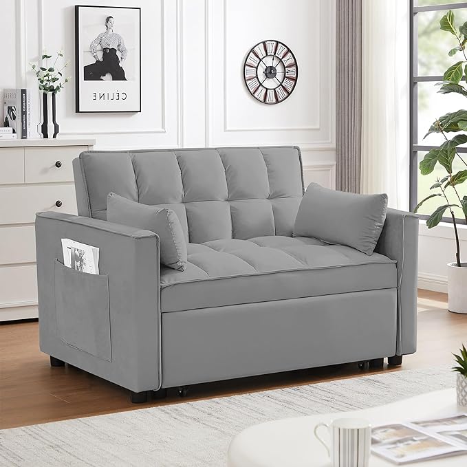 Sleeper Sofa Bed55 Inch Convertible 3-in-1 Pull Out Bed with Side Pockets Velvet Fabric Loveseat Sleeper Sofa with Adjustable Backrest for Living RoomBedroomApartment and Small Space(Grey)