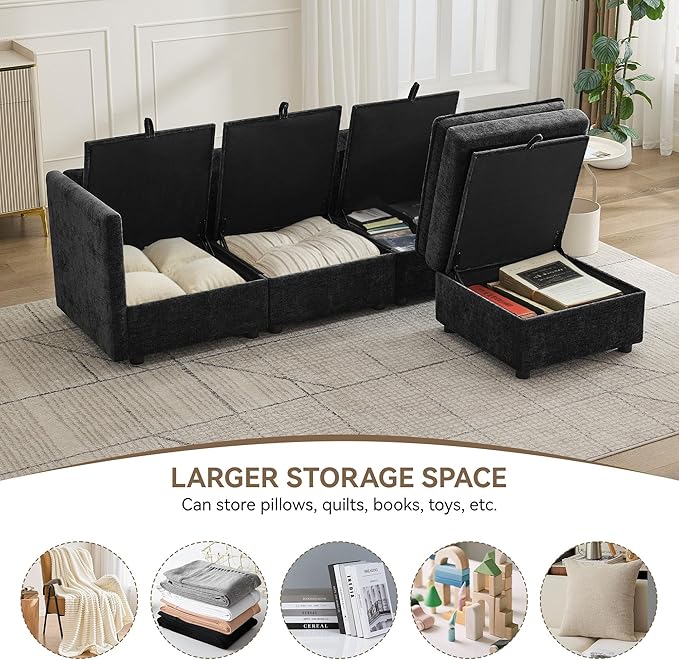 80 Cloud 3 Seater Sectional Modular Couch with Storage Ottoman Upholstered Storage Sofa Modern Couch Deep Seat Chenille L Shape Sofa Comfy Couches with Armrests for Living Room Small Space Black