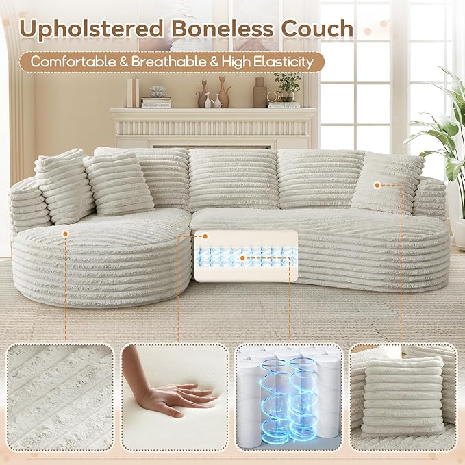 120W Oversized Modern Curved Cloud CouchCorduroy Modular Sectional Sofa with Chaise L Shaped Boneless Couch Compression Foam Sofa for Living Room Bedroom No Assembly Required(Left Facing Cream)