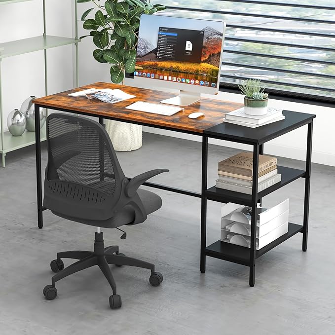 Computer Desk 55’’ Gaming Desk w/Storage Shelves Steel Frame &amp Adjustable Feet Wood Office Table Large Writing Desk for Bedroom Study Home Office (Rustic Brown 55''W)