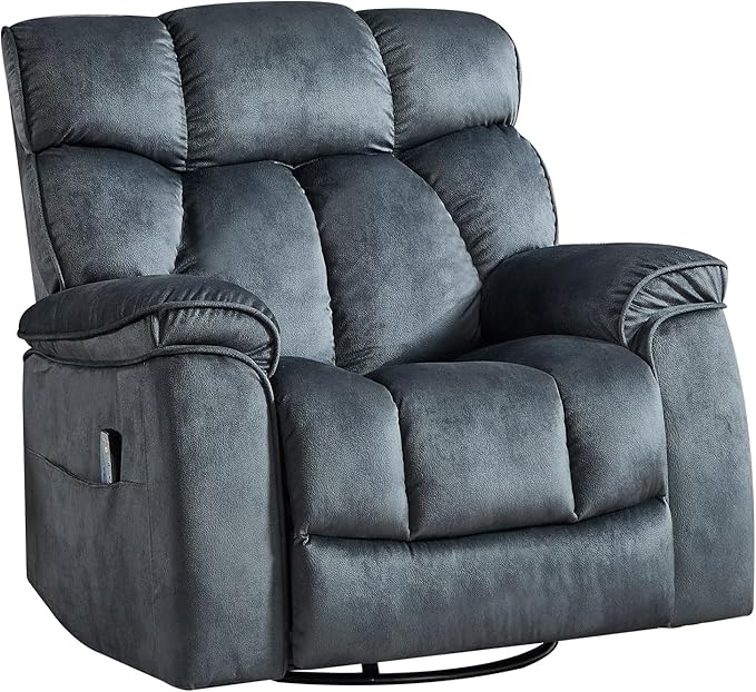 INZOY Oversized Rocker Recliner with Heat and Vibration Manual Swivel Rocking Recliner Chair with Vibrating Massage Comfy Padded Overstuffed Soft Fabric Heated Recliner Grey