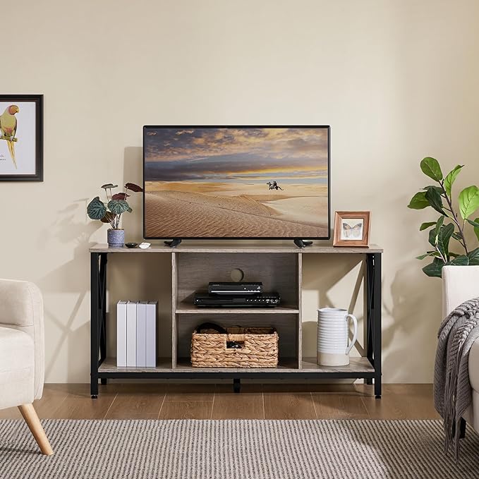 Yaheetech Industrial TV Stand for 55 Inch TV Entertainment Center Media Console Table with Open Storage for Living Room Wood Modern Furniture Gray