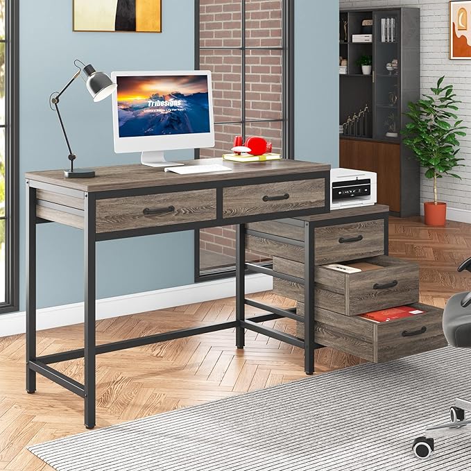 Little Tree 5 Drawers Computer Desk Desk with Reversible File Drawer Cabinet for Home OfficeGrey