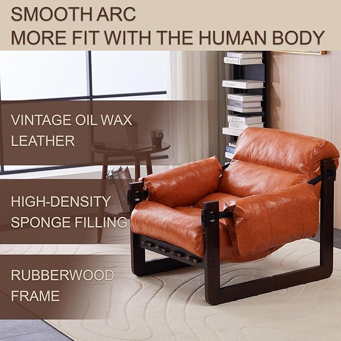 Leather Accent Chair Mid Century Modern Lounge Chair with Removable Armrests Oil Wax Faux Leather Armchair for Living Room Bedroom Office (Retro Orange)