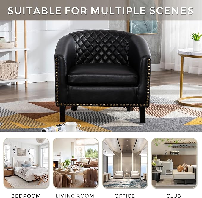 Artificial leather sofa chair barrel-shaped armchair side chair nail head decoration and diamond net backrest suitable for living room bedroom waiting room office and reading chair. (Black)