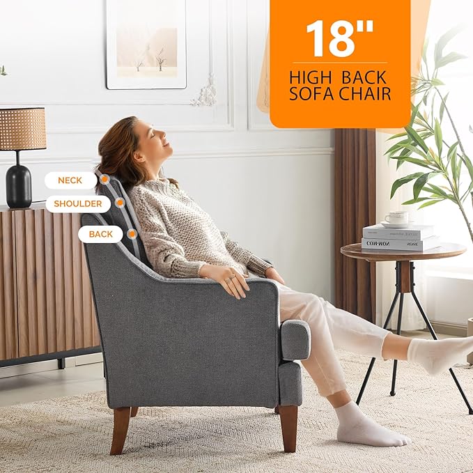 VINGLI Mid-Century Modern Accent Chairs Set of 2 Light Grey Upholstered Armchair Comfy Sofa Chairs Reading Chair High Back for Living Room Bedroom Furniture Apartment