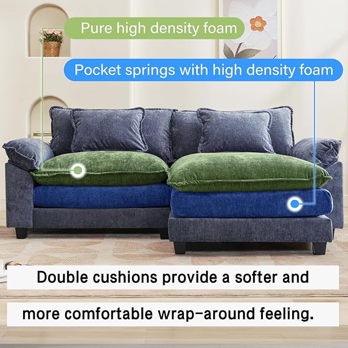86 Modular Sectional Sofa Comfy Cloud Couch Sectional Sofa with Ottoman Chenille Sofa Sleeper Deep Seat Sofa with Throw Pillows for Living Room (Blue 86- L Shape)