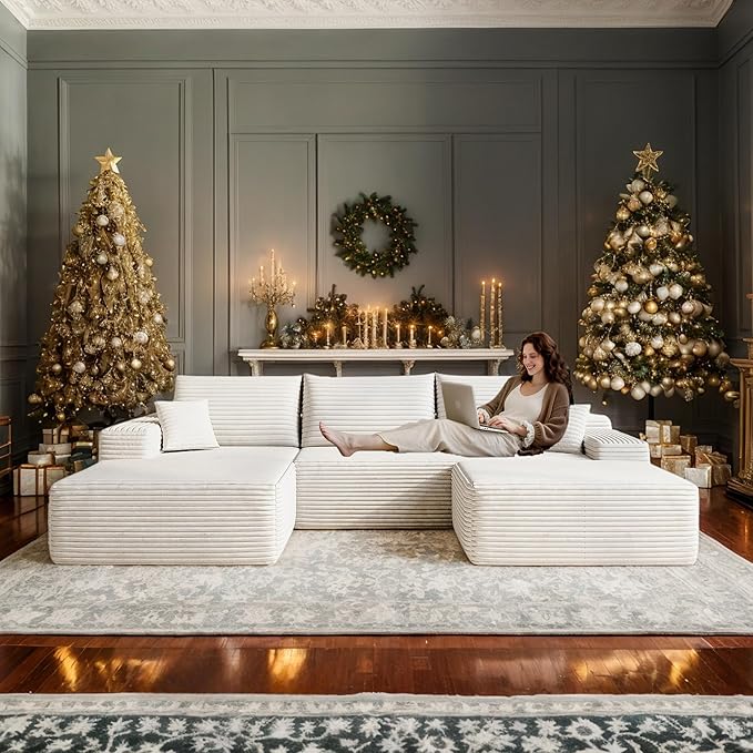 108 W Corduroy Sectional Boneless Cloud Couch with Chaise &amp Ottoman No Assembly Required U Shaped Modular Sectional Sofa Cozy Fluffy Sofa for Living Room (White Left Facing Chaise+Ottoman) |