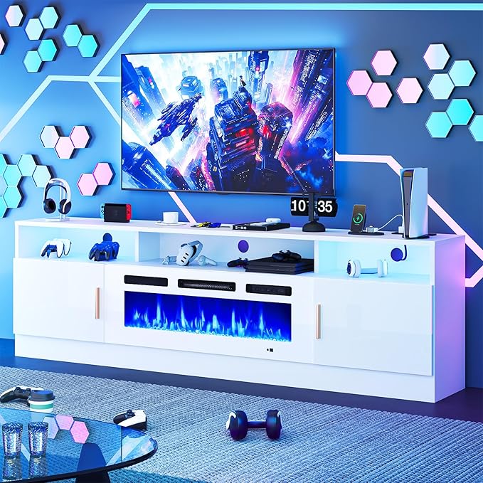 oneinmil 70 Fireplace TV Stand with Power Outlet for TVs Up to 80 Electric Fireplace Entertainment Center with LED Lights &amp Storage Cabinets Media Console Table for Living Room White