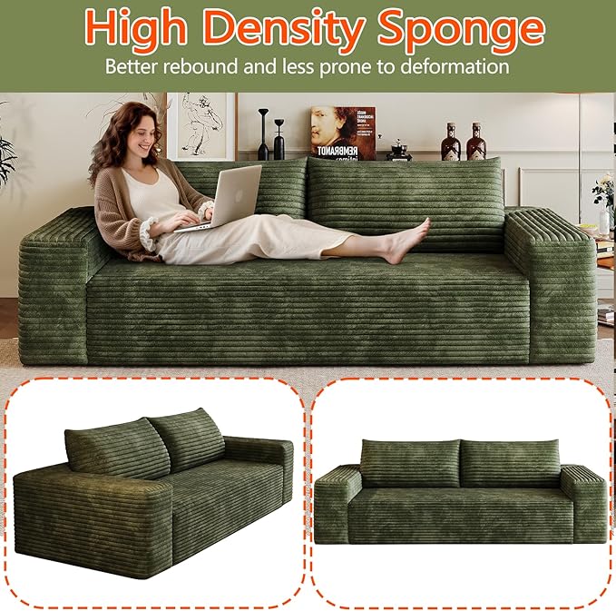 63 Cloud Loveseat Sofa - Boneless Deep Seat 2-Seater No Assembly Foam Floor Couch Plush Corduroy Fabric Modern Living Room Sofa for Small Space Apartment Bedroom Office (Green) | Boneless Sofa