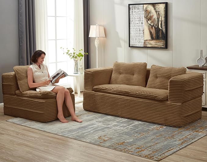 Folding Convertible Sectional Sofa Bed Corduroy Floor Couch Loveseat Lounge Chaise for Office Apartment80 King Size BedCamel