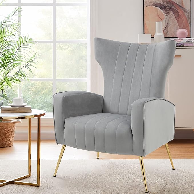 Accent Chair Upholstered Armchair with High Wingback &amp Metal Legs Mid-Century Modern Comfy Single Sofa Reading Chairs for Living Room Bedroom (Grey Set of 1)