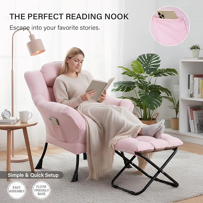 Lazy Chair with Ottoman Modern Accent Leisure Sofa Chair with Footrest Stool &amp Throw Pillow Modern Lounge Chair with Armrests for Living Room Pink