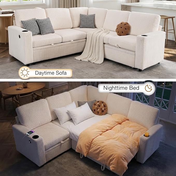 83 Sleeper Couch with Pull Out Sofa Bed 5-Seater Sectional Couches for Living Room L-Shaped Couch with Storage USB Port &amp Cup Holder Corduroy Convertible Corner Sofa for Apartment