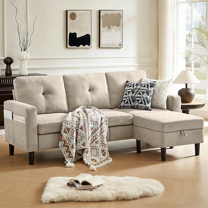 80 Convertible Sectional Sofa Couch with Movable Ottoman 3 Seats Sectional Sofas L Shaped Couch for Small Spaces Soft Fabric Couch for Living Room (Beige)