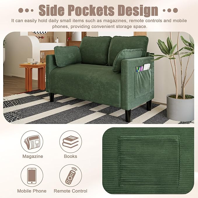 48 Corduroy Loveseat Sofa Small Couches for Living Room Green Couch for Bedroom Apartment Dorm 2 Seater Mini Sofa with Side Pocket High Rebound Sponge Cushion Easy Assembly (Green)