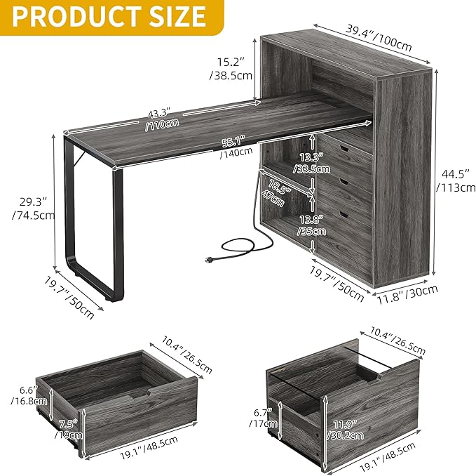 DWVO L Shaped Desk with Drawers 55 Corner Computer Desk with Bookshelf &amp Power Outlets &amp LED Lights Home Office Desk with Storage Shelves Grey