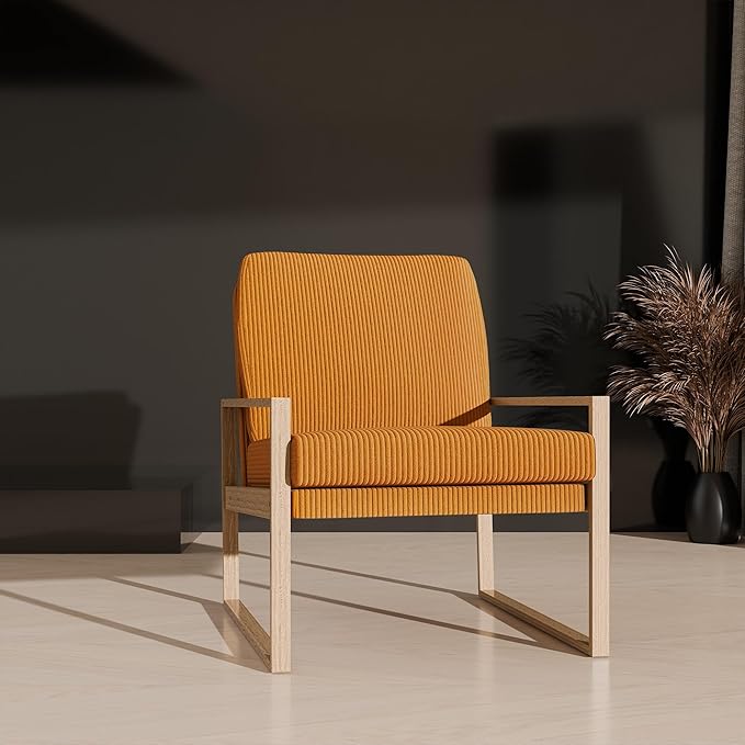 BELLEZE Modern Mustard Yellow Accent Chair Mid-Century Corduroy Upholstered Lounge Chair Wooden Frame Armchair for Living Room Bedroom or Office Comfortable Padded Cushion