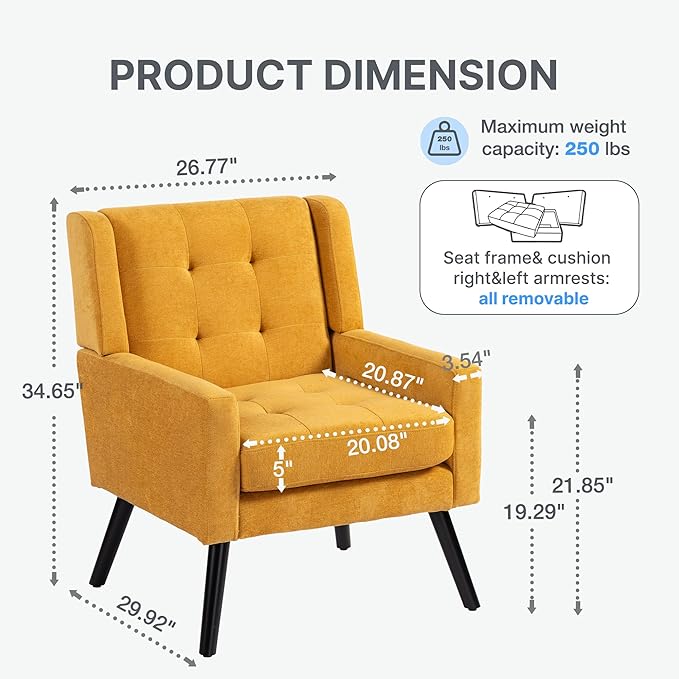 Mid-Century Modern Accent Chair Set of 2 Plush Linen Fabric with Button Tufted High Back &amp 5 Thick Cushion High Comfort Reading Chair for Living Room Bedroom Office (Yellow)
