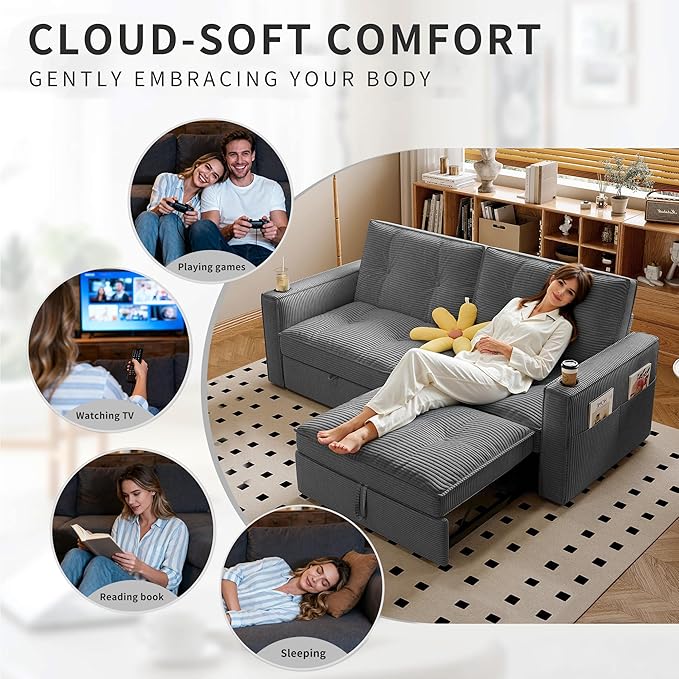 73.2 inch 2-in-1 Convertible Sofa Bed with Cup Holder | Space-Saving Sleeper for Small Apartments Dorms &amp Offices | Guest Ready in Seconds(Grey +Corduroy)