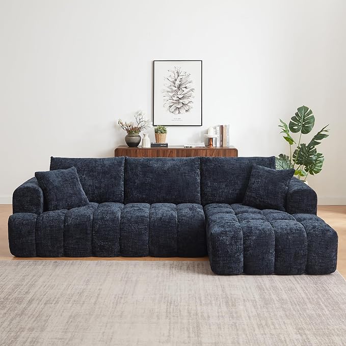 110 Inch Cloud Sectional CouchModern Upholstered Sofa with Deep SeatChenille Boneless Couches with L-Shape ChaiseSponge Compressed Couches for Living Room (Dark Blue Right Facing Chaise)