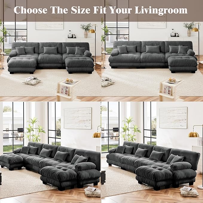 Oversized Modular Velvet Sectional Cloud Sofa Couch with Movable OttomanCorner Sofa with Comfortable Armrests Deep Seat Convertible L or U Shaped Couch (Gray 3 Seat)
