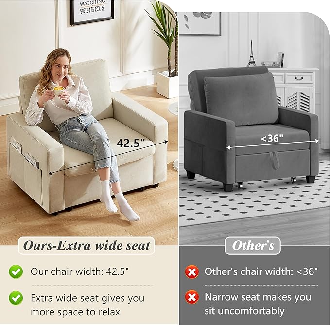 WEUP 42.5 Sleeper Chair Bed 3-in-1 Oversized Convertible Sleeper Sofa Chair with Pull Out Bed Reclining Adjustable Backrest/Side Pockets Tool-Free Assembly Basic Beige